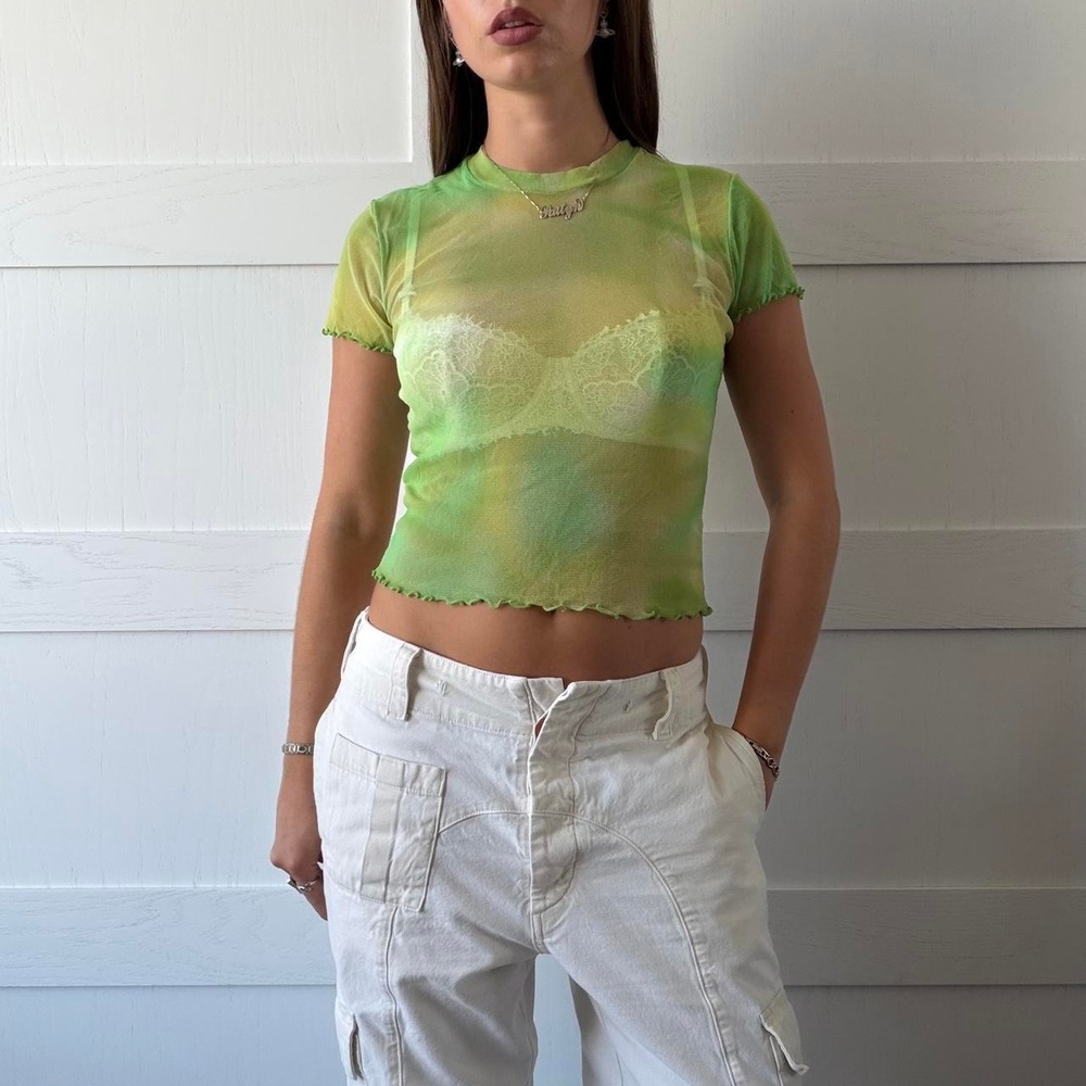 Vintage Y2K Anxiety Café Green Sheer Mesh Baby Tee